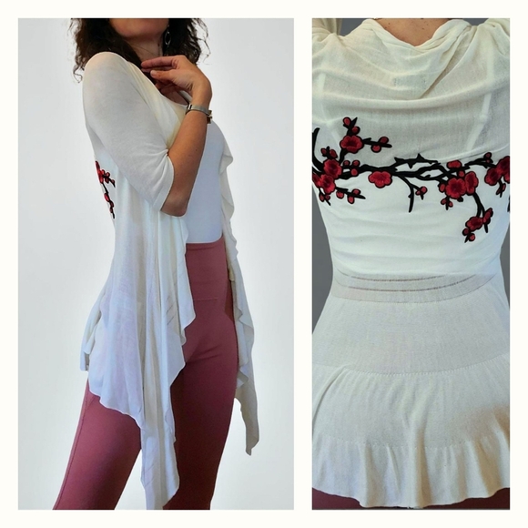 Express Red Roses Applique Open Front Tie- Front Cardigan - Picture 3 of 8